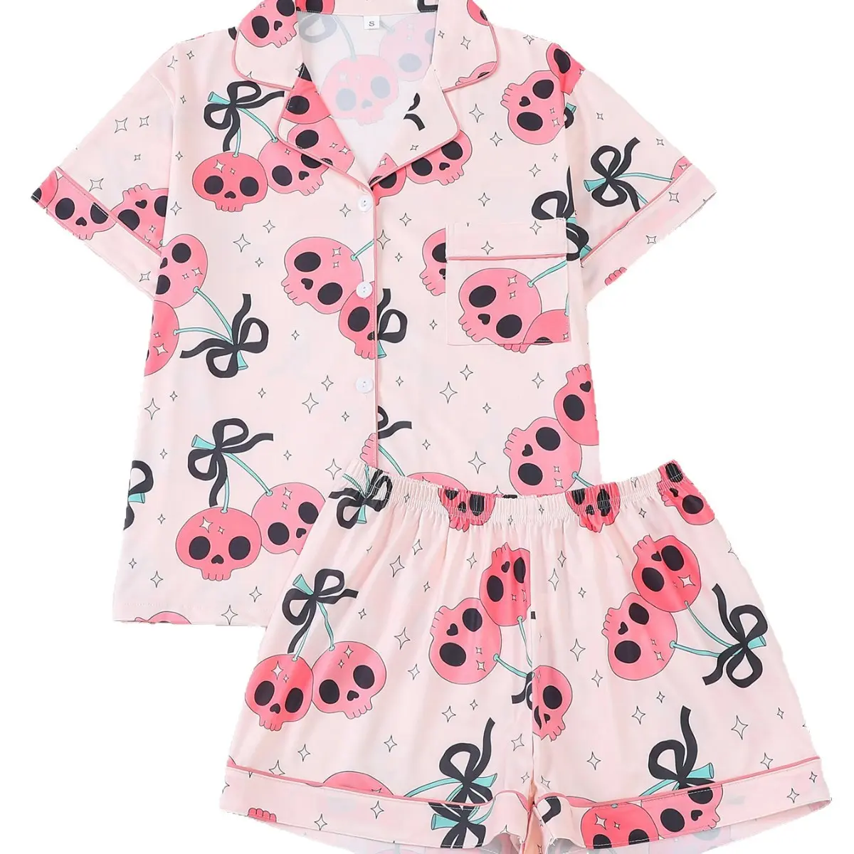 Women's 2 Piece Satin Pajama Set, Pink Cherry Skull Print Button Down Short Sleeve Top & Shorts, Halloween Gothic Loungewear with Pockets