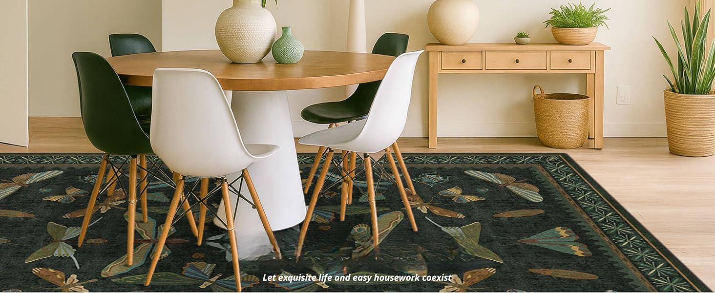 2x3 Entry Way Rugs Indoor - Dark Green Small Throw Rug for Kitchen, Bathroom, Insect Boho Design, Washable Non Slip Stain Resistant