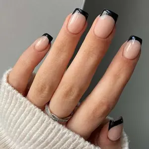 French False/Fake Nails Tips Square Press on Short Nude Women's Black Daily Wear Artificail Nails  Nail Art Manicure Decoration (Black)