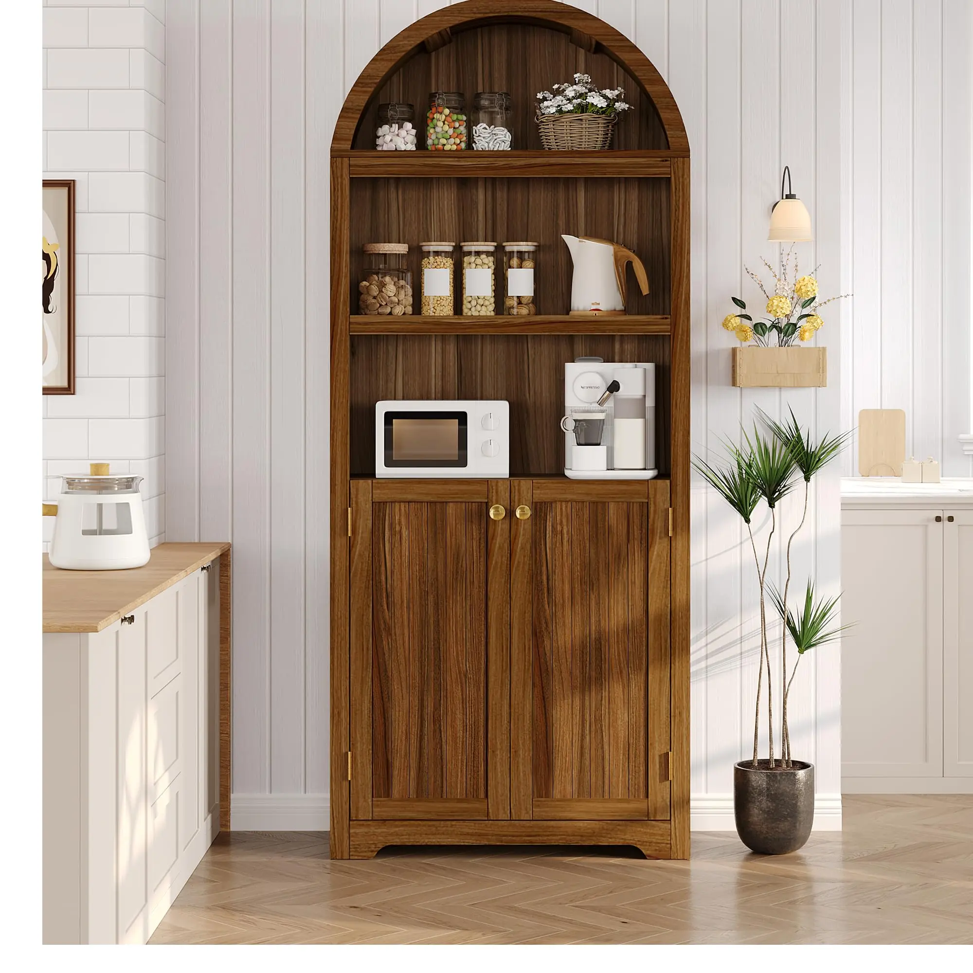 72" Tall Arched Storage Cabinet – Natural Wood Bookcase with Gold Handles – 5 Adjustable Shelves, Double Doors – Free-Standing Pantry for Dining Room, Kitchen, Living Room, Home Office
