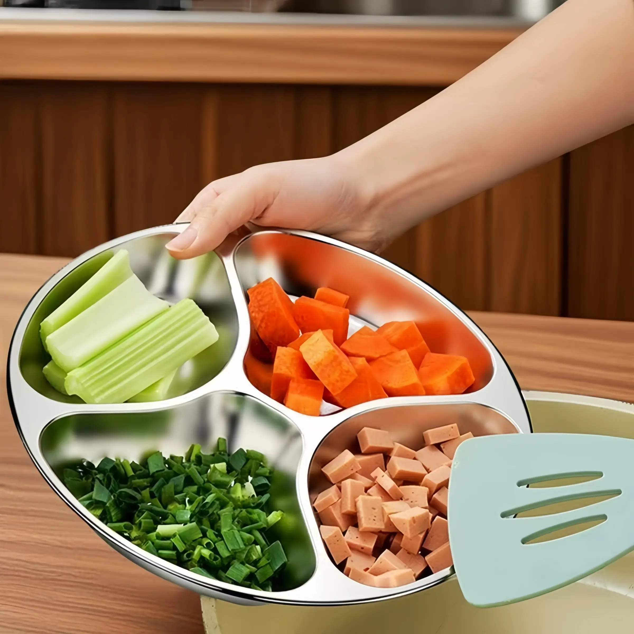 304 Stainless Steel 4-Compartment Serving Tray, Round Food Organizer for Hot Pot, Rust-Resistant Kitchen Dish Tray, Ideal for Cooking, Meal Prep & Parties