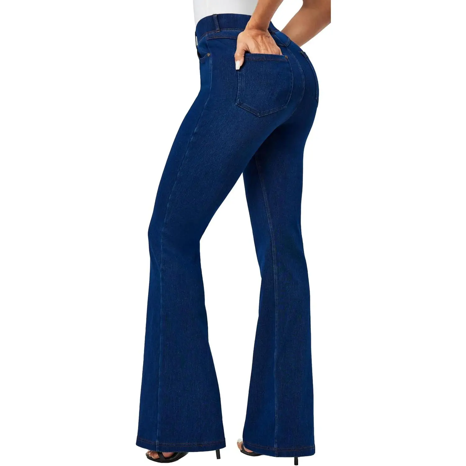 Women's High Waisted Denim Bootcut Leggings - Stretchy Full Length Casual Flared Bell Bottom Pants with Seam Pockets, Fashion Streetwear