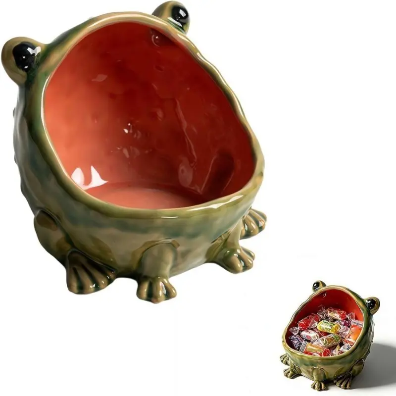 Cute wide-mouth frog candy tray. Ceramic, works as key tray, entryway decor, jewelry tray, cookie jar. Fun addition to home kitchen, office, desk