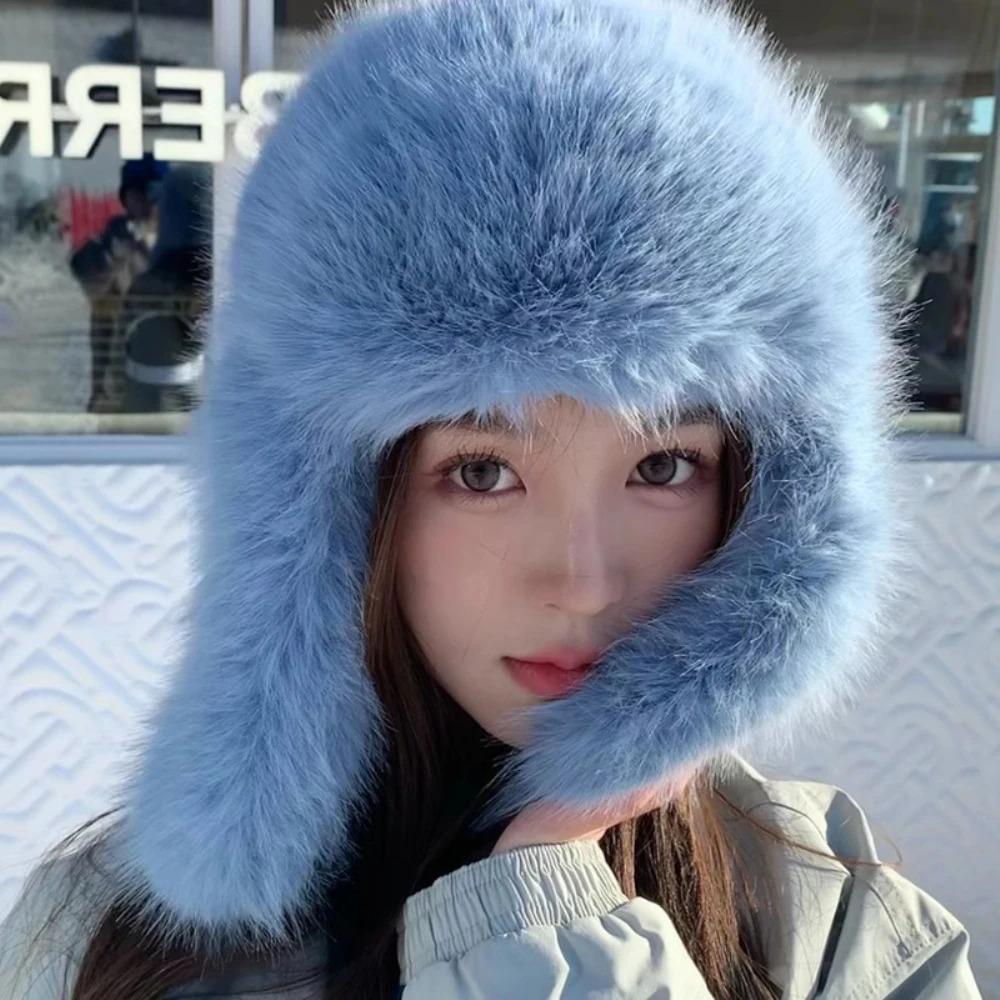 HT4567 Fluffy Fur Hat Women White Black Blue Russian Hat Thick Warm Ski Earflap Cap Female Ushanka Winter Hat Ladies Russian Cap