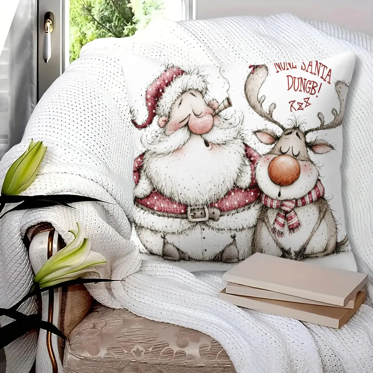 45x45cm 1Pc Christmas Throw Pillow, Santa & Reindeer Printed Soft Fluffy Decorative Cushion, Perfect for Sofa, Bedroom and Living Room Decor, Ideal Holiday Gift, Durable Cozy Home Decoration Accessory