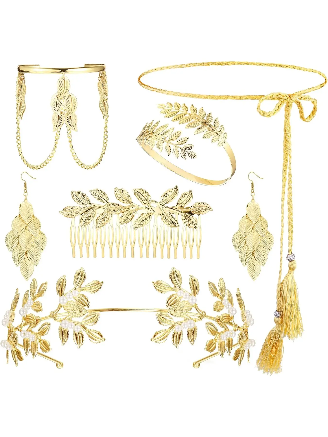 Greek Goddess Costume Accessories Set for Women Leaf Headband Armband Bracelet Golden Laurel Leaves Crown Artificial Dangle Earrings Bridal Wedding Headpiece Party Toga Jewelry