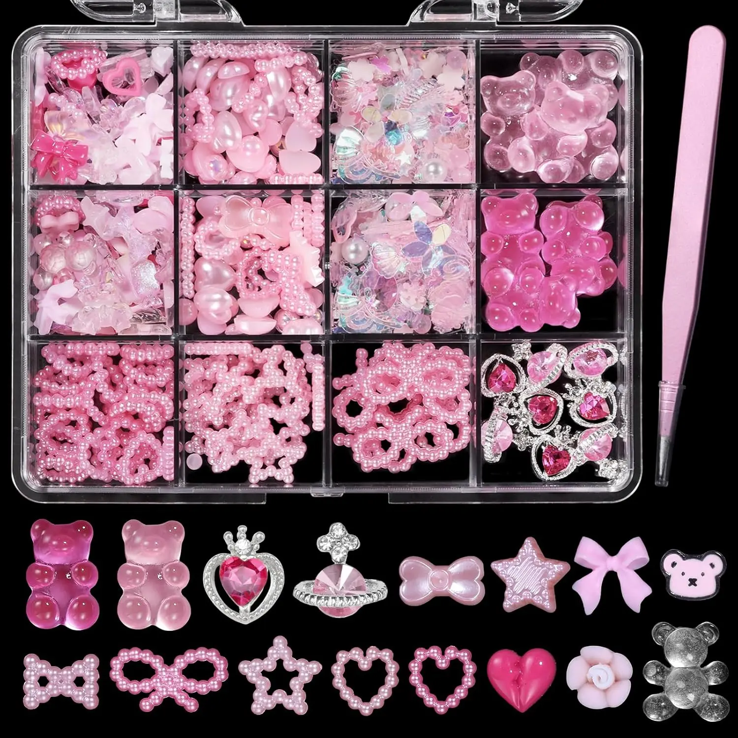 3D Pink Color Assorted Pearls Gems Bear Nail Charms Heart Butterfly Bow Star Nail Pearls Charms Planet Heart Nail Rhinestones Charms for Manicure DIY Crafts Jewel Accessories springtok