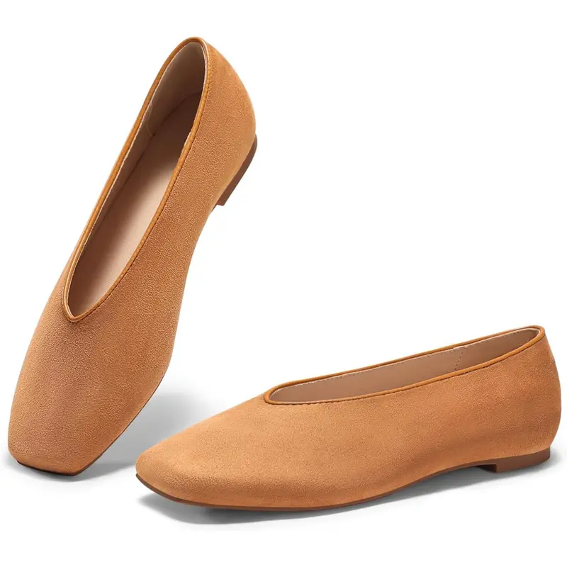 Coutgo Women's Ballerina Shoes - Women's Shoes with Closed Square Toe, Slip-On Design, Suede & Faux Leather, Lightweight, Manmade Sole, Plain/Prints, Dressy Flats Style for Work & Casual Wear