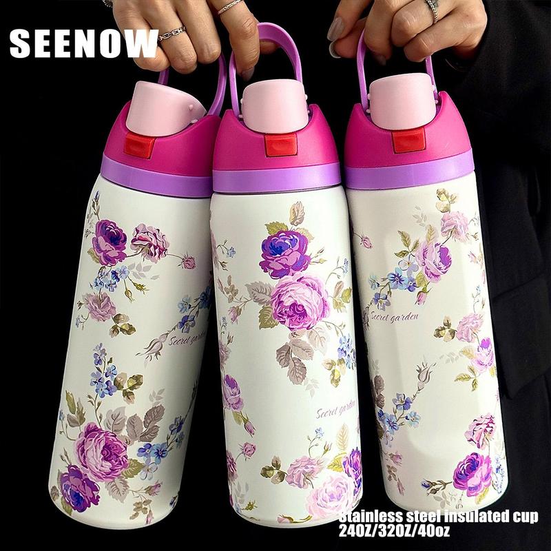 Floral Pattern Vacuum Flask, 1 Count 24oz-32oz-40oz Insulated Double Wall Stainless Steel Water Bottle, Stainless Steel Thermal, Drinking Cup for Home Office School Travel, Drinkware, Insulated Thermos, Stainless Steel Tumbler