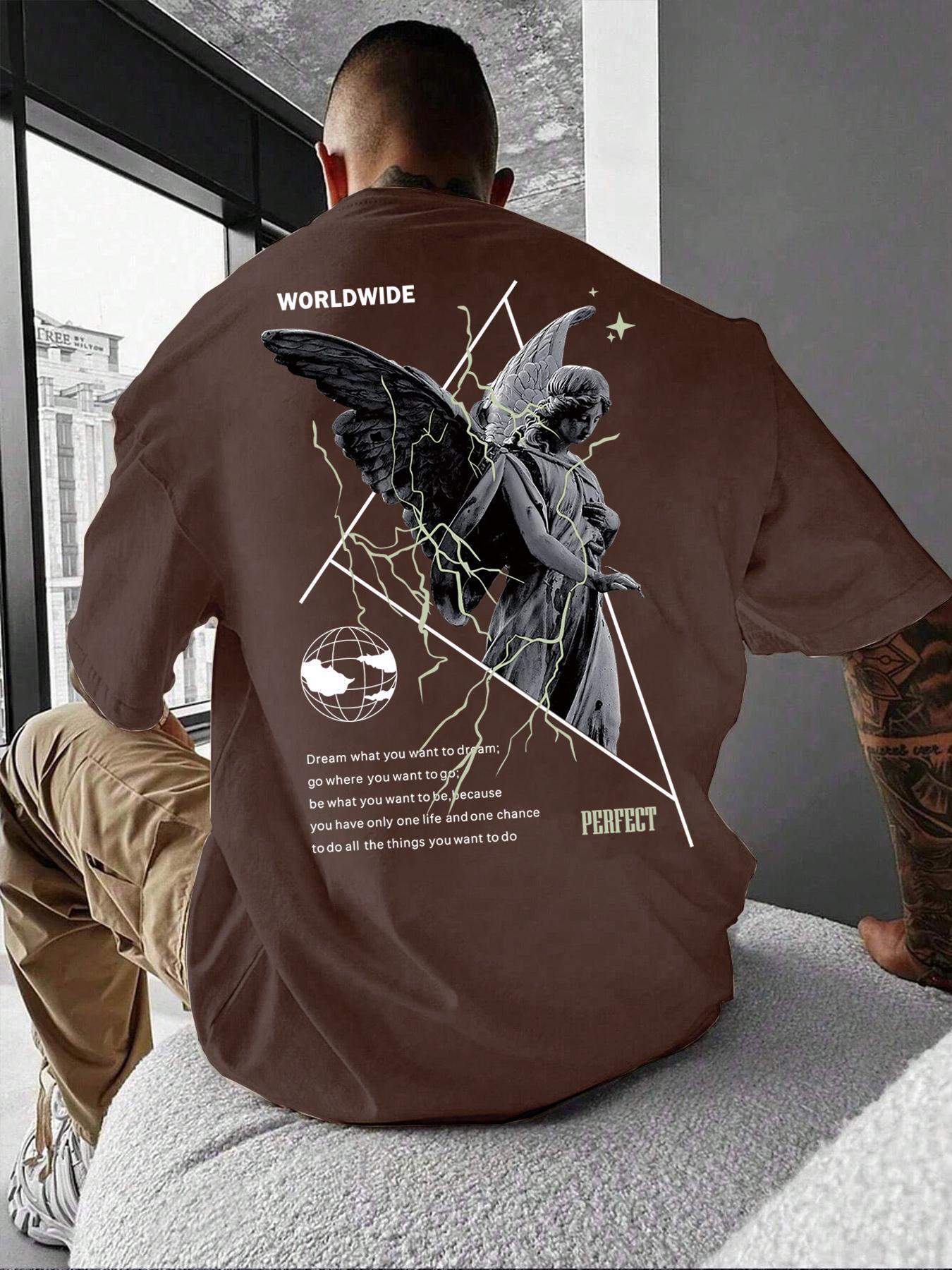 Unisex Men's Letter & Sculpture Print Drop Shoulder Tee, Loose Crew Neck Half Sleeve T-shirt for Men, Casual Comfy Knitting Top for Summer