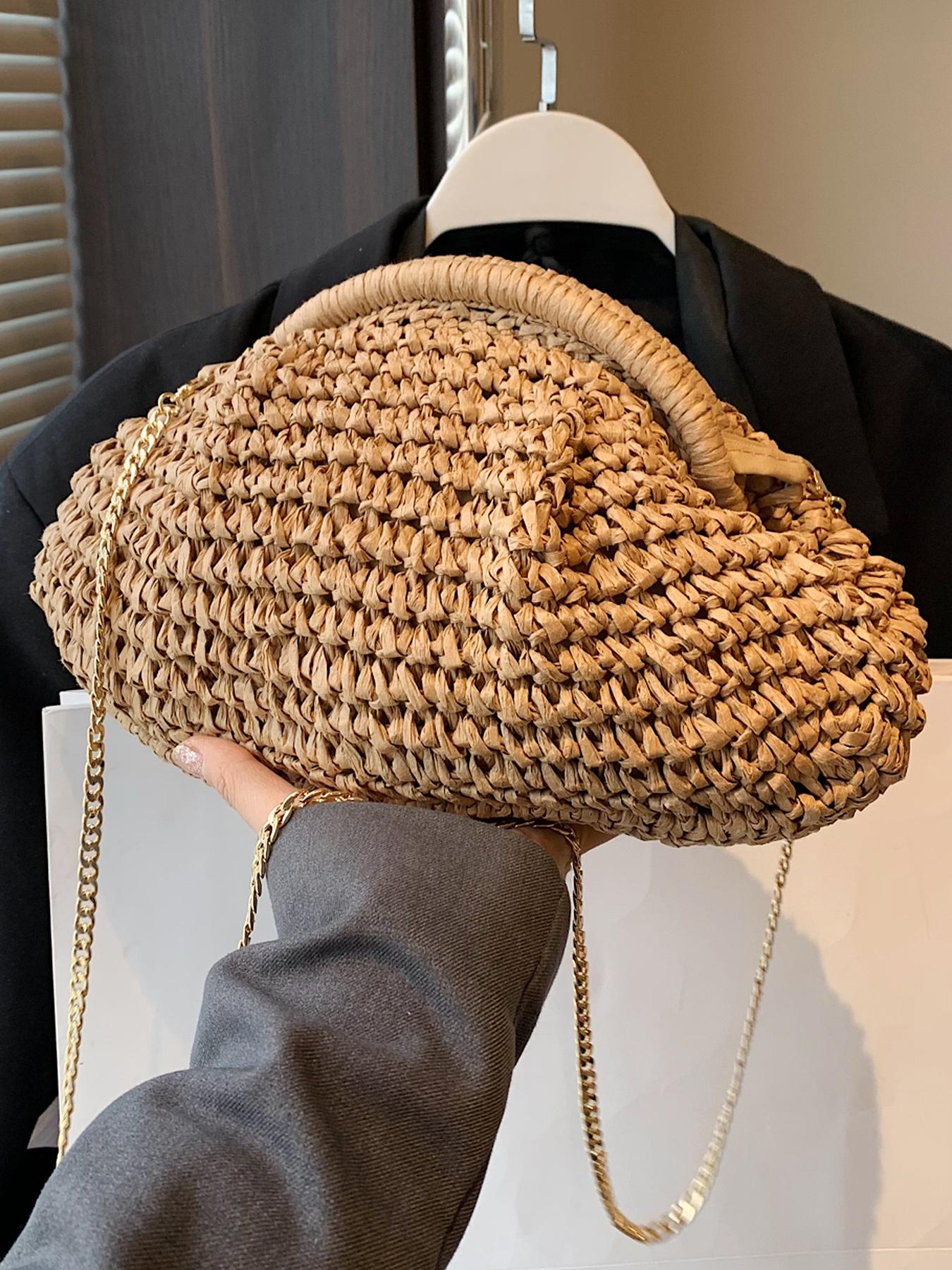 Women's Elegant Straw Bag, Fashionable Straw Crossbody Bag with Chain Strap, Casual Versatile Shoulder Bag for Daily Used, Half Moon Bag