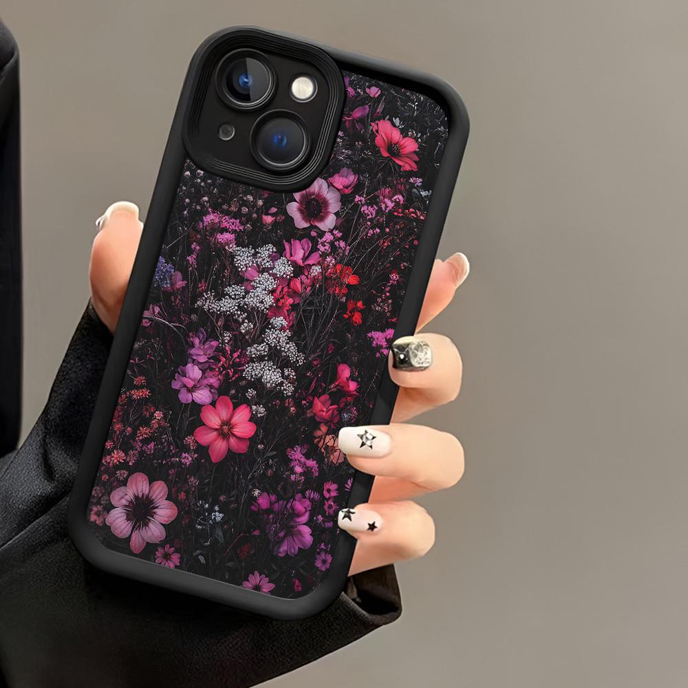 Phone Case - This Stylish Phone Case Suitable for iPhone 17 E Air Pro ProMax iPhone16 15 14 Plus 13 12 Mini 11 X XS XR Features a Floral Pattern,Set Against a Dark Backdrop Adorned with Bright Pink And Purple Blooms,Complemented by Graceful White Flower