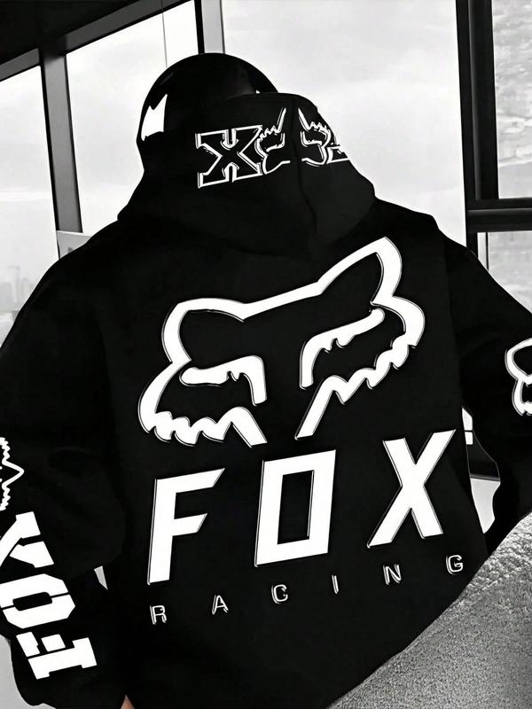1 Piece Men‘s Fox Racing Graphic Hoodie, Bold Red and White Logo Print, Streetwear Style for Casual Daily Wear and Outdoor