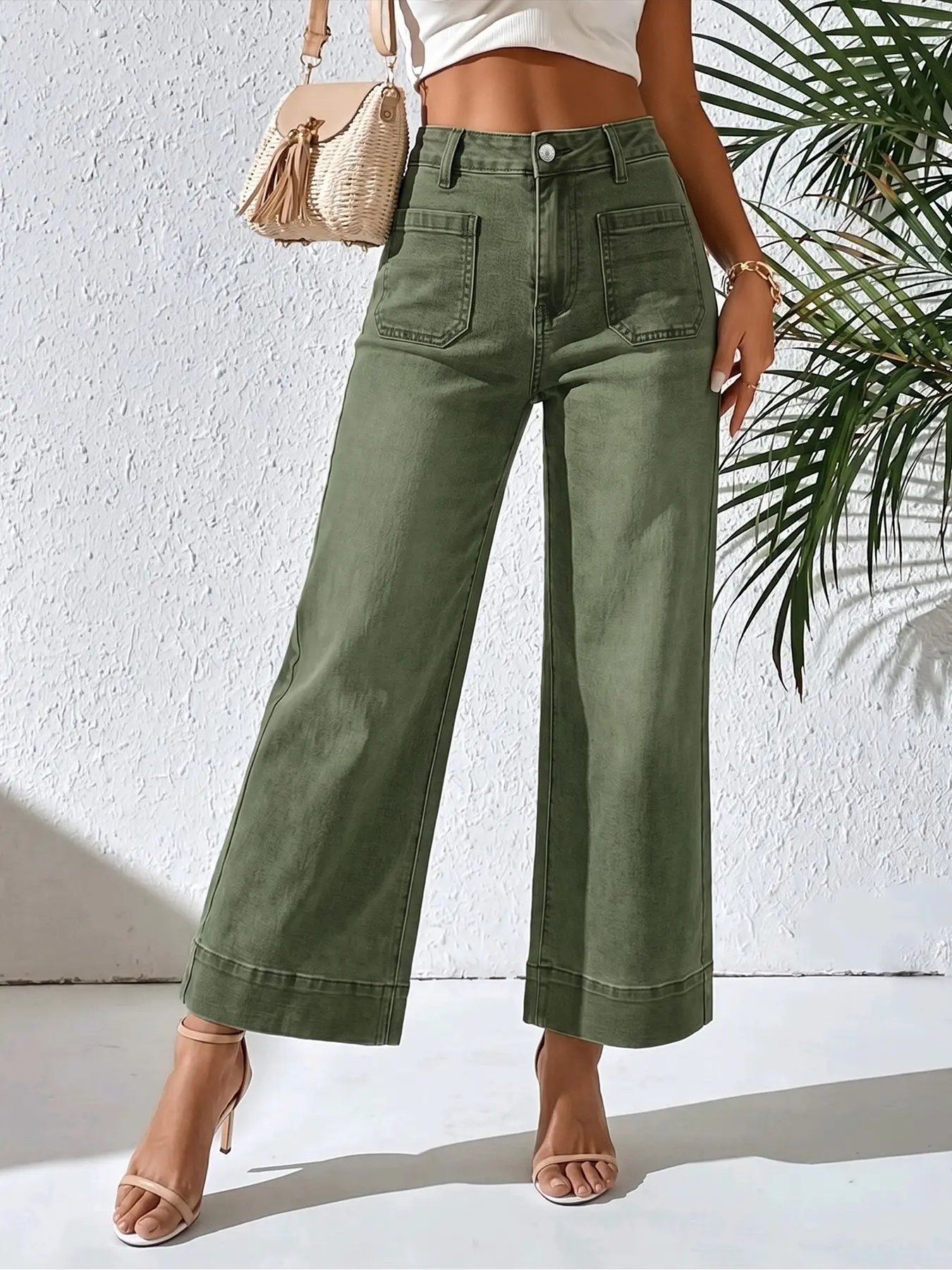 Women's Mid Rise Olive Green Wide Leg Denim Jeans with Front Patch Pockets