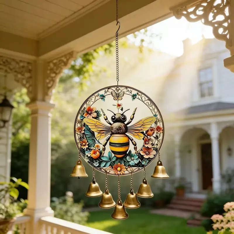 Vintage Rustic Bee Metal Wind Chime, Natural Floral Design, Hanging Bell, Perfect for Garden, Courtyard, Balcony, Outdoor Decor