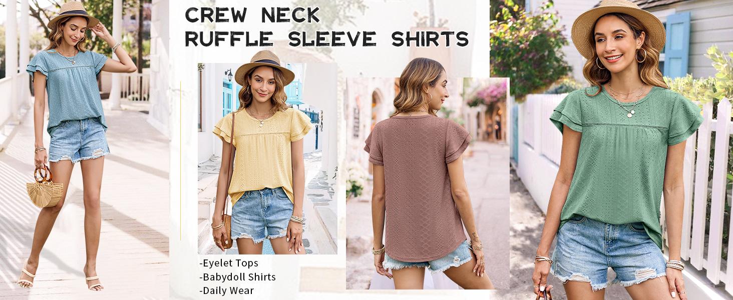Women's Summer Tops Crewneck Eyelet Ruffle Short Sleeve Blouses Casual Babydoll Shirts 2025 S-2XL Lightweight Soft Knitted Fabric Trendy Babydoll Style