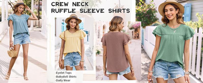 Women's Summer Tops Crewneck Eyelet Ruffle Short Sleeve Blouses Casual Babydoll Shirts 2025 S-2XL Lightweight Soft Knitted Fabric Trendy Babydoll Style