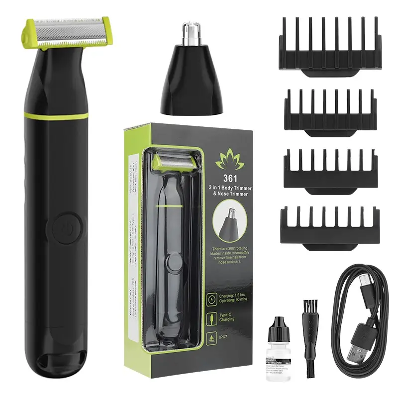 Men's electric shaver with a rinseable head, USB rechargeable and long battery life — a versatile trimmer for beard, body, and face grooming, and a great gift choice.