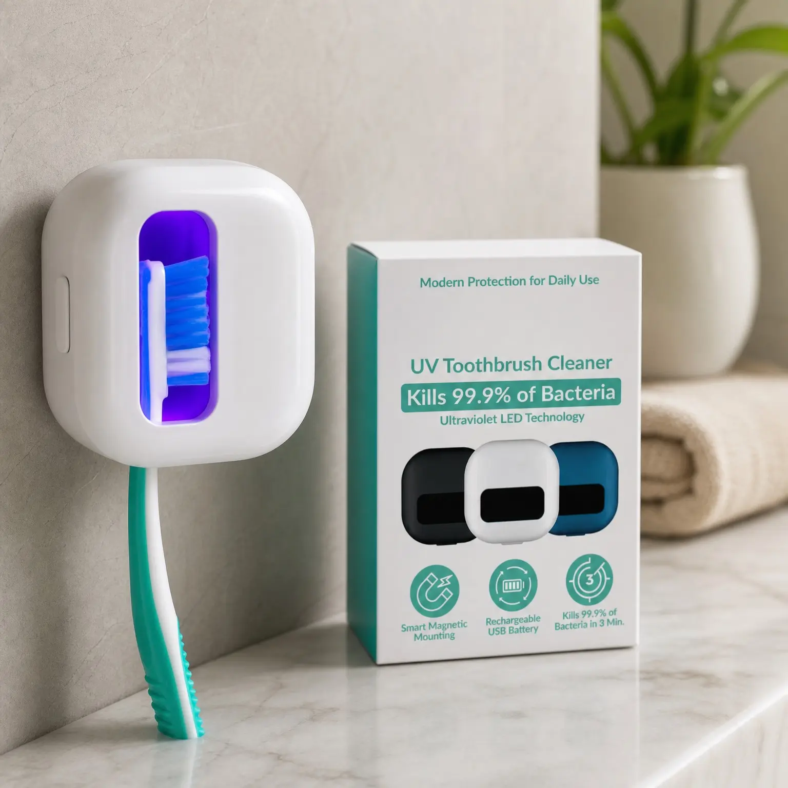 UV-C Toothbrush Sanitizer and Holder Wall Mounted, Rechargeable, 30-Day Battery, Magnetic Mount, Fits Electric and Manual Brushes, Portable Travel Case, Auto Shutoff, WhiteGift