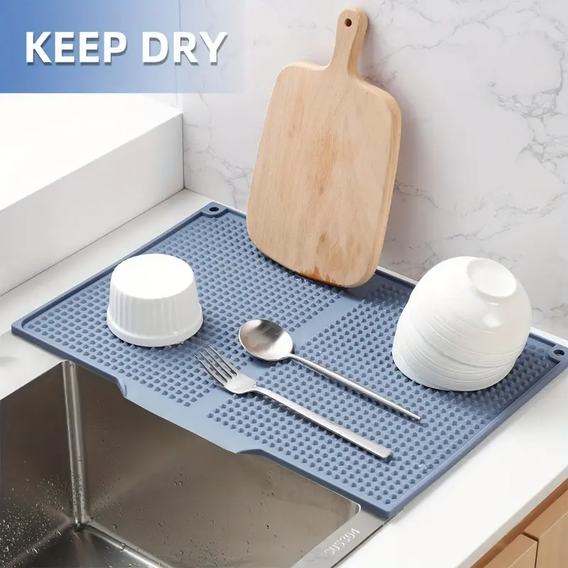 Extra Large Kitchen Sink Splash Guard Mat, 17.72x12.2 Inch Heat Resistant Up to 446°F/230°C Silicone Drying Mat with Drain Holes, Non-Slip Countertop Protector for Sink, Stove & Counter, Easy Clean Dishwasher Safe Space-Saving Kitchen Organizer Mat