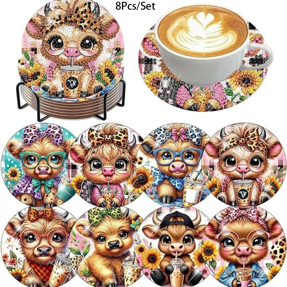 8 pieces/set of diamond art painting coasters with brackets, DIY animal cow pattern diamond art coasters, suitable for adults and beginners as diamond painting sets, diamond set craft supplies, gifts for friends, Home Decoration