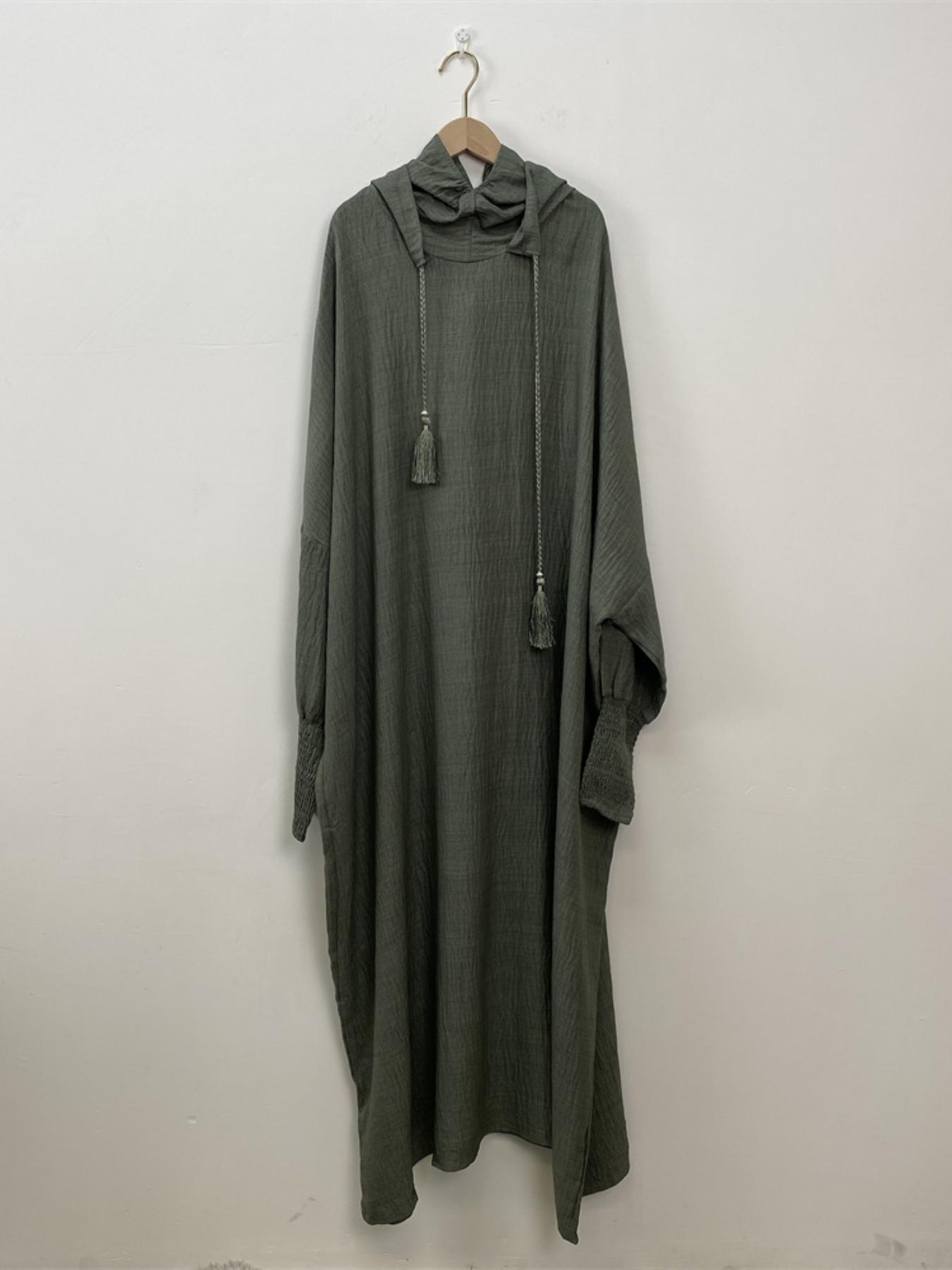 Women's Solid Color Batwing Sleeve Drawstring Hooded Dress, Casual Long Sleeve Shirred Cuff Long Dress for Spring & Fall, Women's Islamic Clothing for Daily Wear