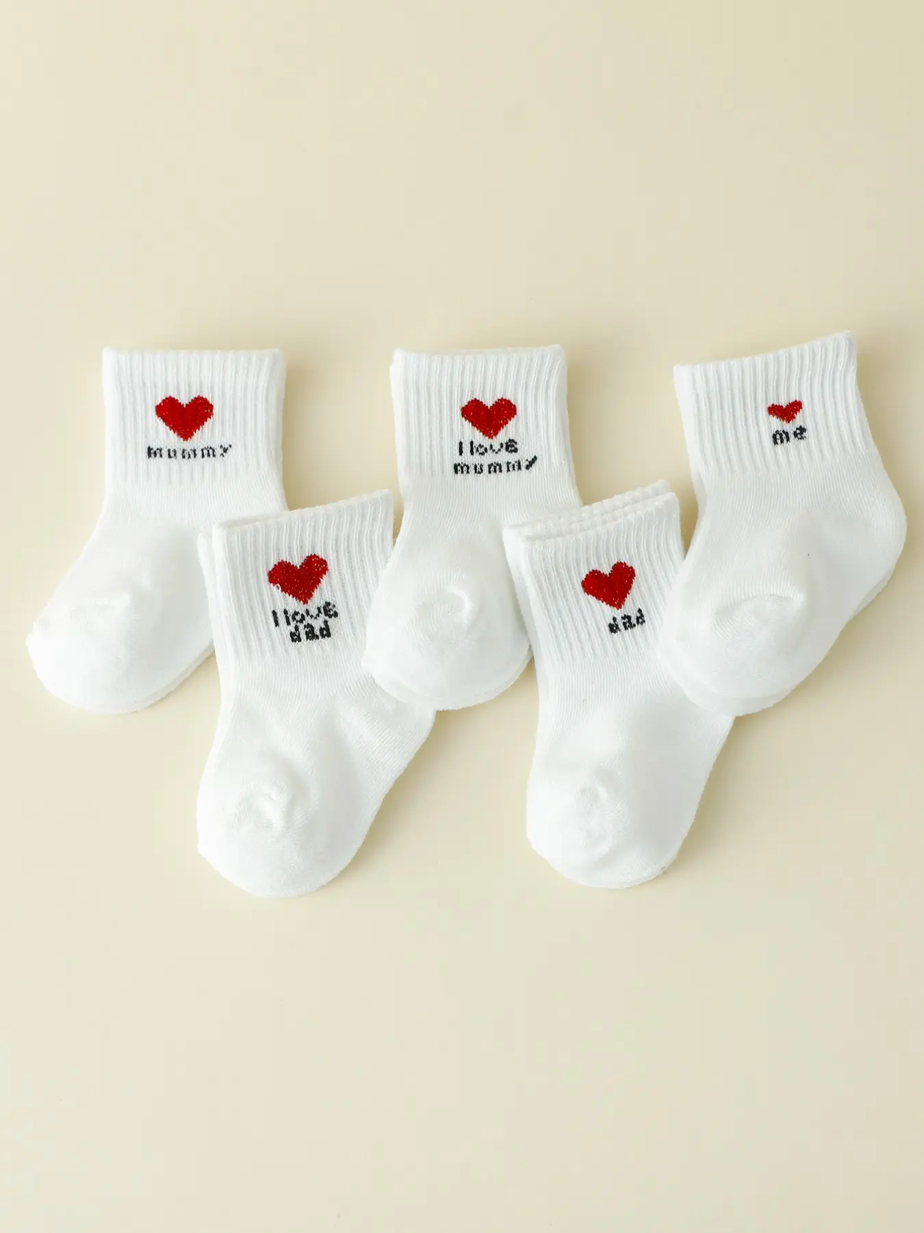5-Pair Heart & Letter Socks, Soft Mid-Calf Suits for Infant Toddlers, All-Season Indoor/outdoor Footwear, Hand Washable Daily