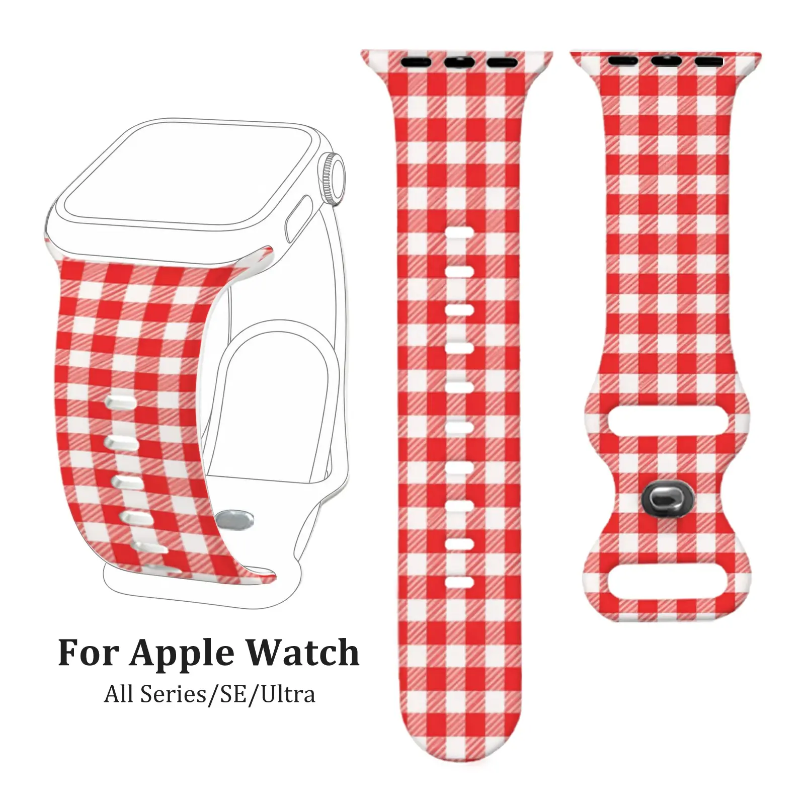 Red White Checkerboard For Apple Watch, Soft Silicone Plaid Sport Strap for Series 4/5/6/7/8/9/10, SE 1/2, Ultra 1/2/3, Unisex Casual Wristband for Daily Wear, Travel, Picnic & Holiday Gifts Band