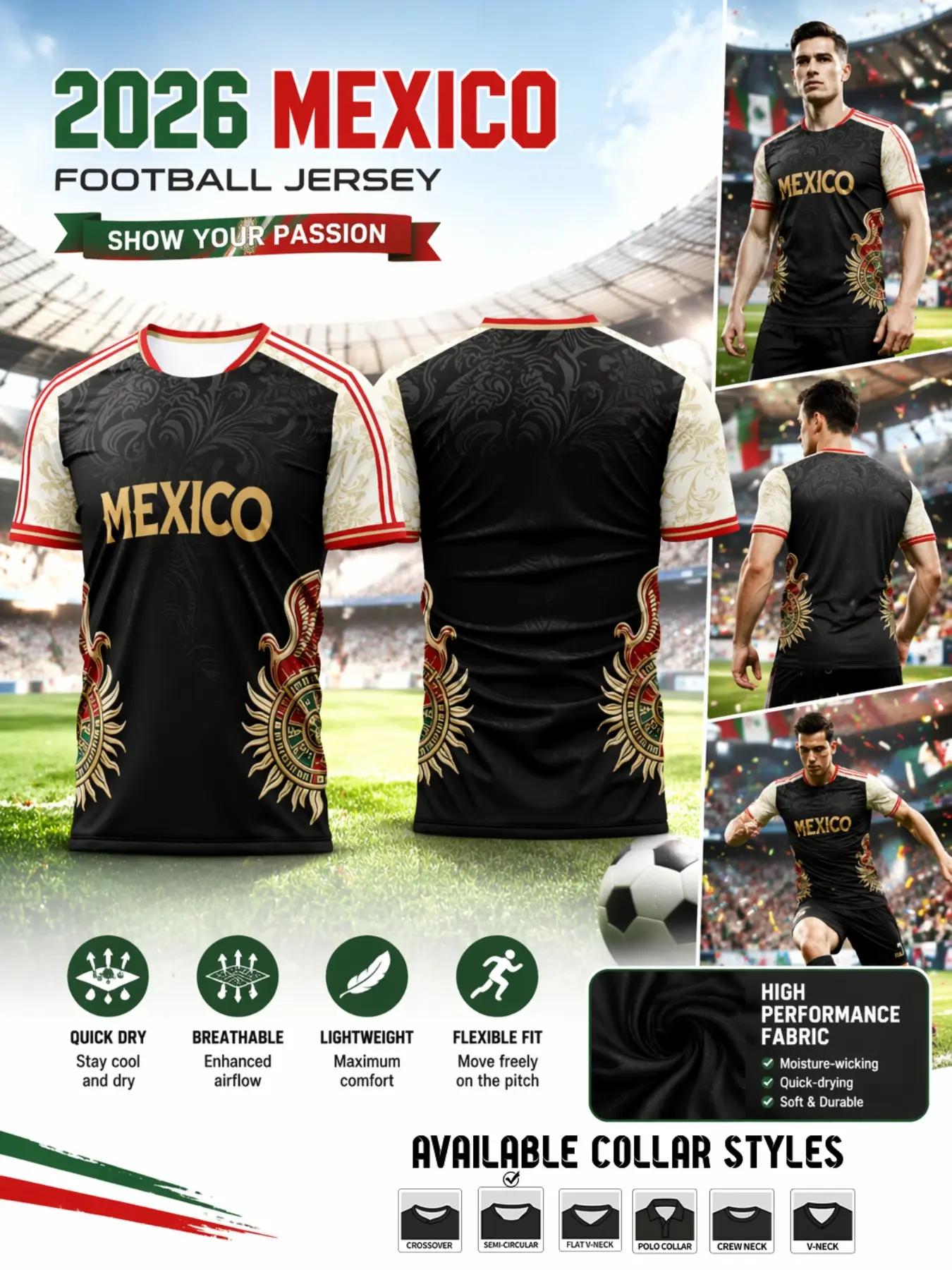 2026 Mexico Gold Aztec Sunstone Football Jersey, Vintage Floral Design, Breathable Quick-Dry Sportswear, Lightweight Training Tee