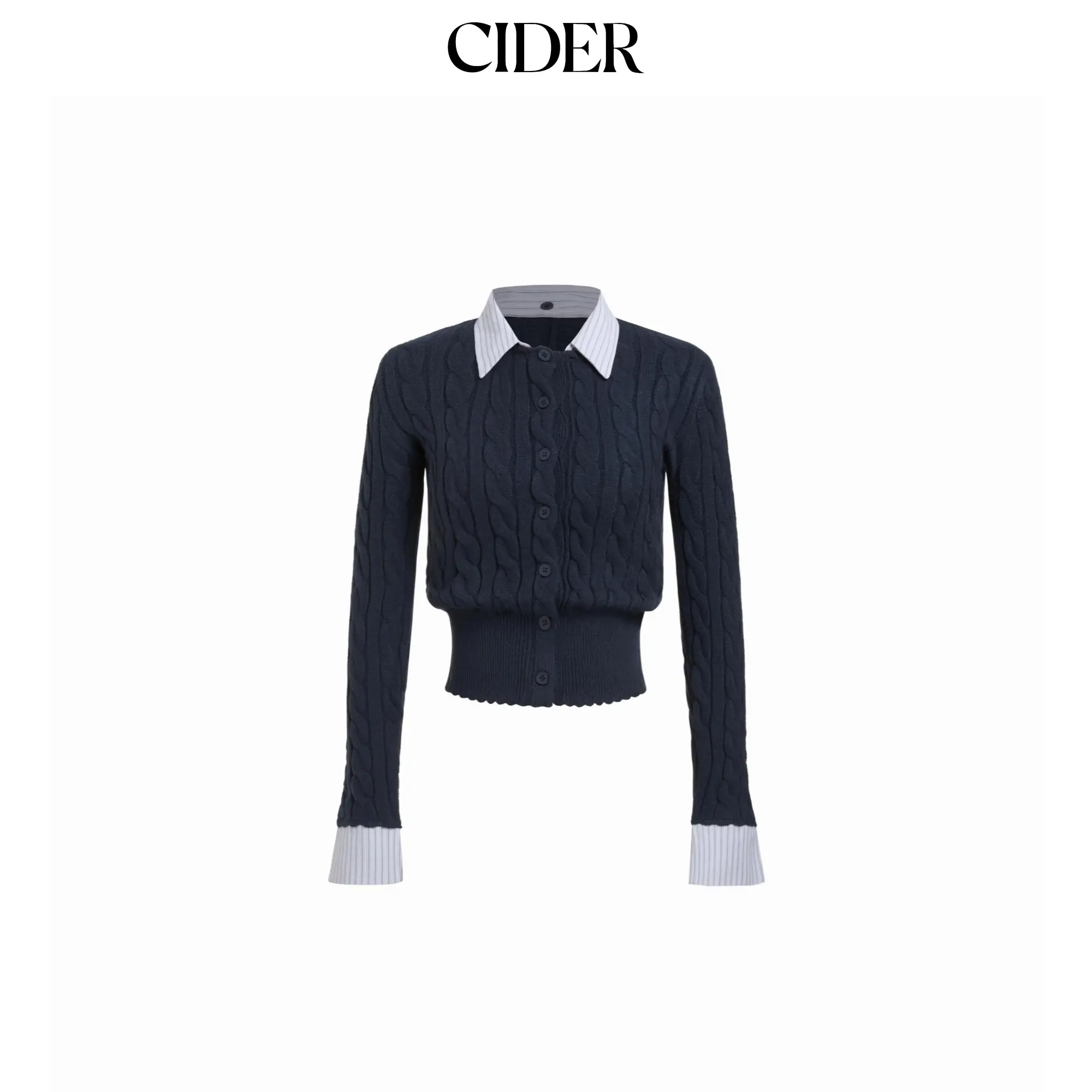 Cider Cable Knit Striped Collar Two Tone Cardigan SohoChic