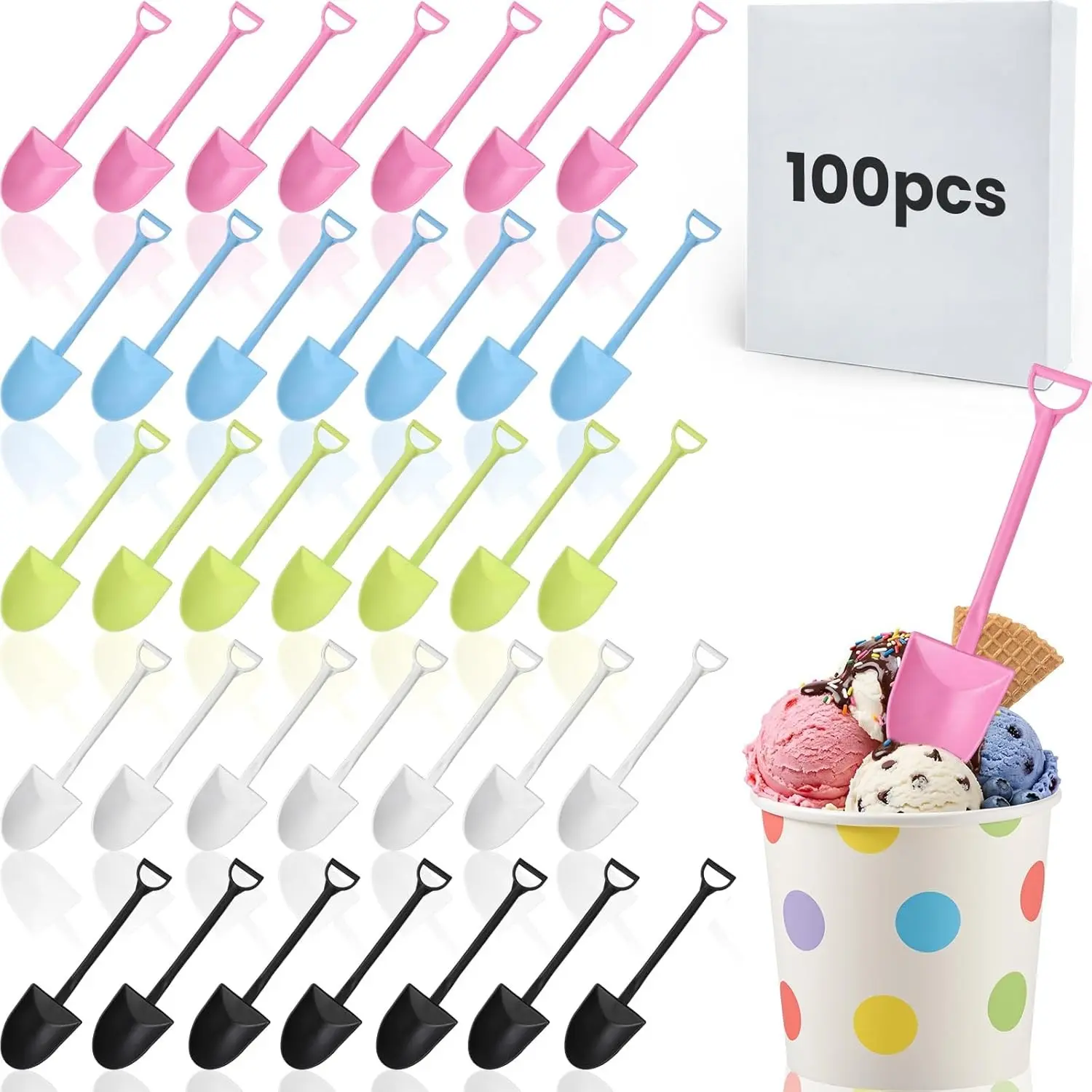 100 Pcs 4.7 Inch Multicolor Mini Shovel Spoons, Individually Wrapped Disposable Plastic Spoons Bulk for Ice Cream, Dessert, Small Cake, Pudding, Yogurt, Sugar