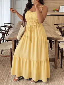 Plus Size Boho Style Dress, Ruffle Halter Neck, Bow Tie Accent, Long Flowy Fit, Perfect for Parties, Holidays, Daily Wear