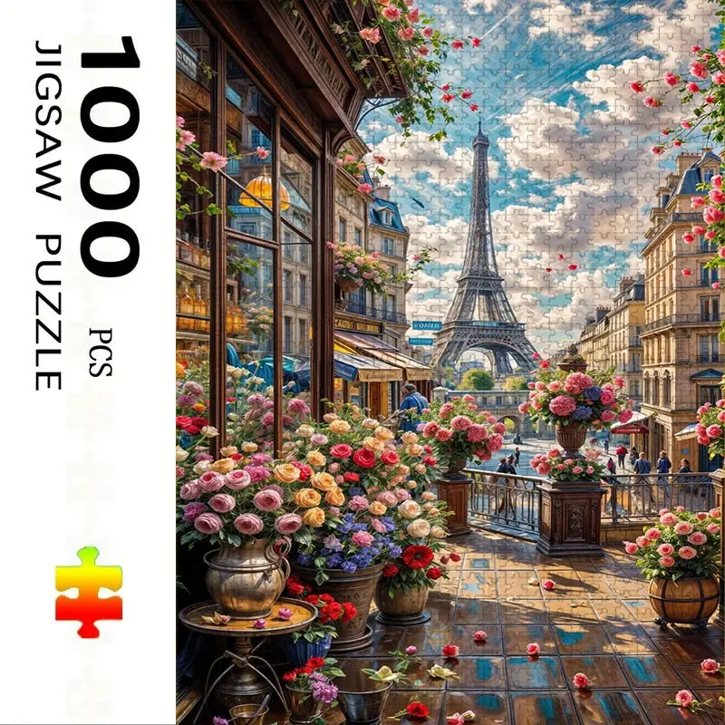 1000 Piece Paris Eiffel Tower Rose Shop Puzzle, Adult Family Interactive DIY Decor, Holiday Scene, Mixed Colors, Perfect Gift, Durable