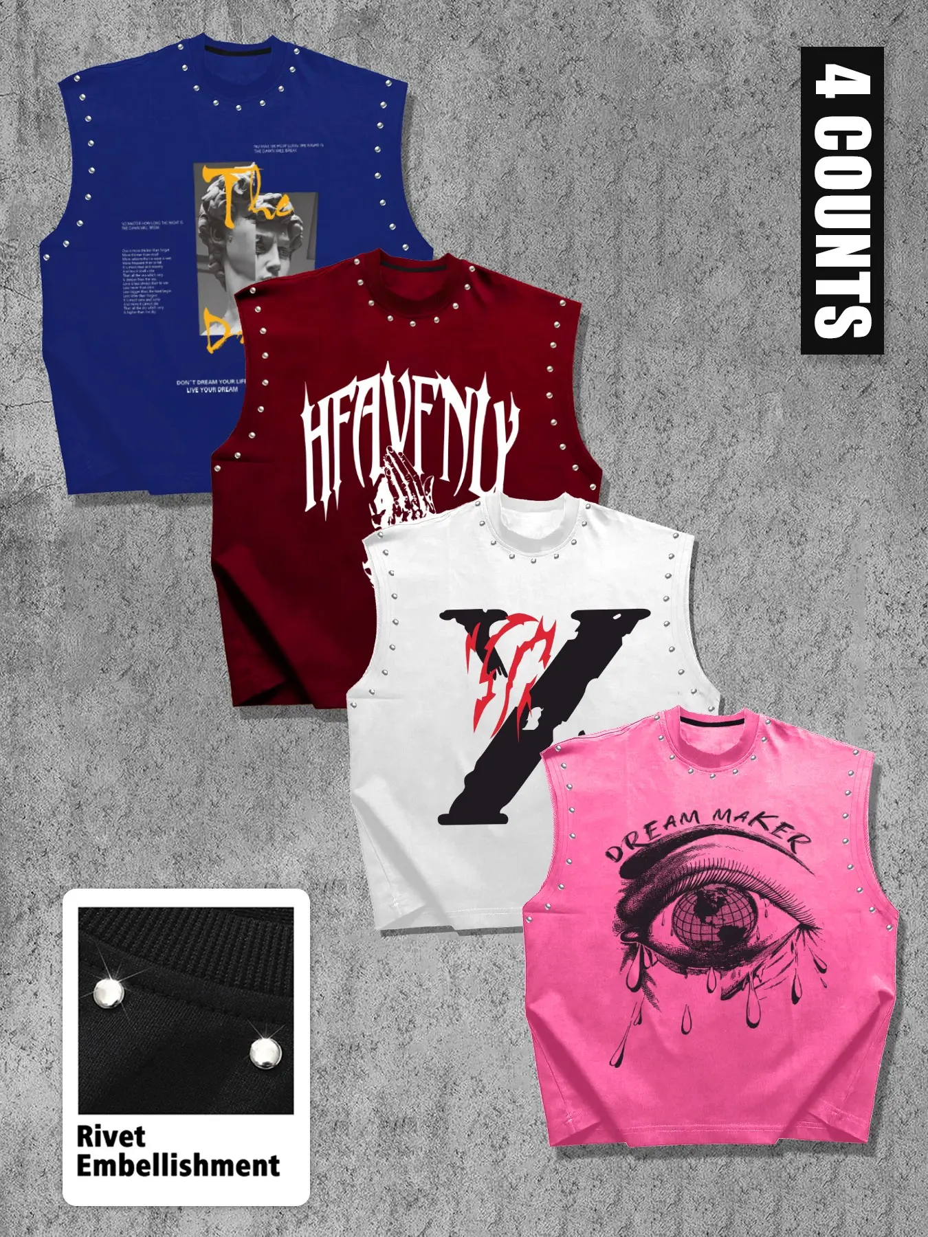4-Pack Men's Rivet-Decorated Sleeveless Tank Tops, Gothic Eye Statue Graphic Letter Print Round Neck Tees, Four Colors Y2K Hip Hop Summer Streetwear Casual
