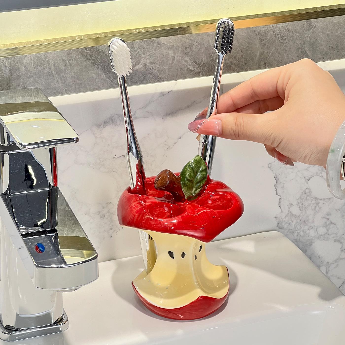 High-Value Apple Core Toothbrush Holder Ceramic Base, Water-Drip Design Bathroom Sink Accessory, Creative Toilet Essentials, Toothbrush Storage