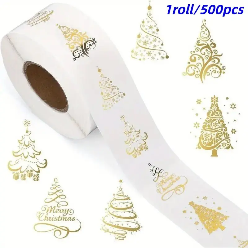 1 Roll/500pcs Gold Foil Christmas Stickers, 6 Designs, Glossy Holiday Decor, Card & Gift Wrapping, DIY Decoration, High-Quality