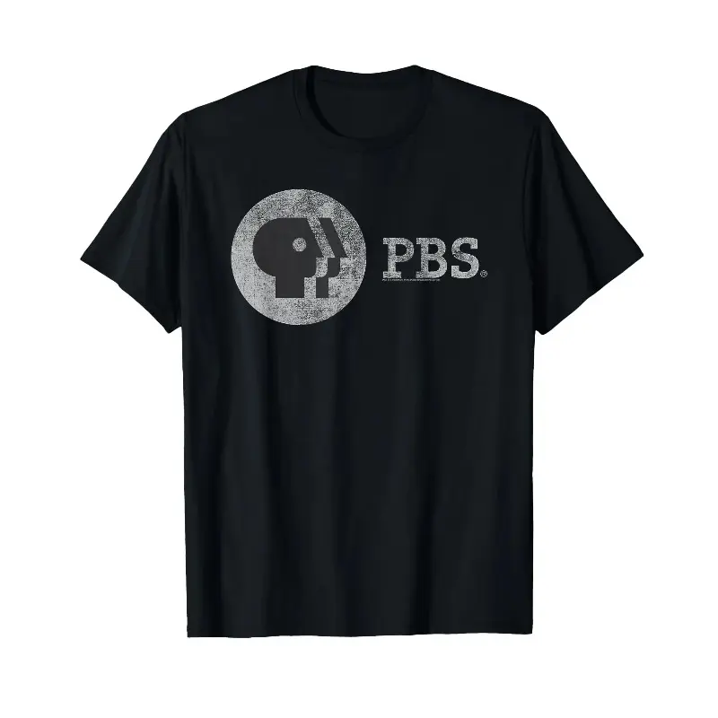 Vintage Graphic T-Shirt with Distressed Public Broadcasting Logo, Unisex Casual Round Neck Shortsleeve Top