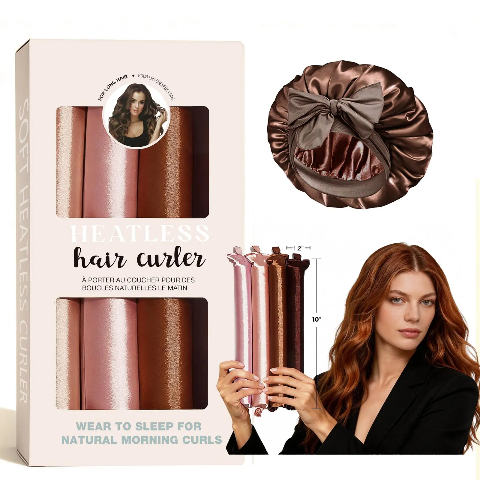 Satin Heatless Curling Rod Kit - 4pcs Jumbo Flexible Heatless Styling Set, Overnight Soft Hair Curlers for Women, Rosewood Hair Accessory Set, Heatless Curling Set