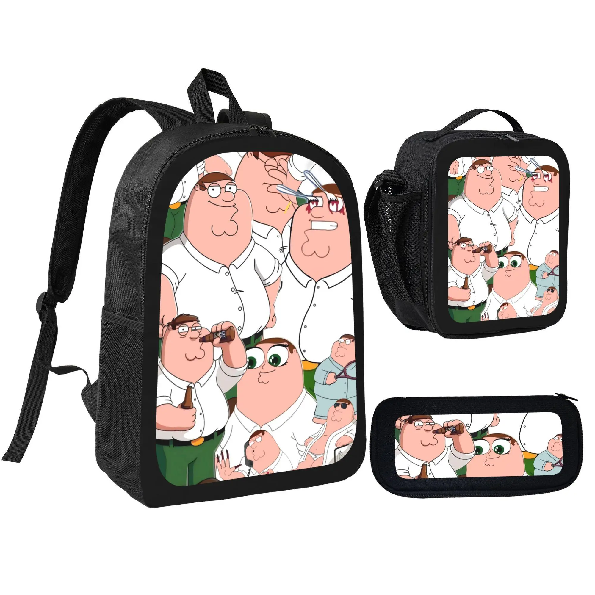 Family Guy Peter Griffin Graphic 3-Piece Unisex Student Backpack Set - Versatile Black Design, Includes Backpack, Pencil Case, Lunch Bag, Students Who Love Family Guy, Pouch, Versatile Design, Backpacks For School, Cartoon Print