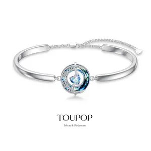 TOUPOP Birthstone Bracelet for Women 925 Sterling Silver Moon and Star Bangle Bracelet Blue Circle Crystal Jewelry Birthday Christmas Gifts for Women Wife Girlfriend
