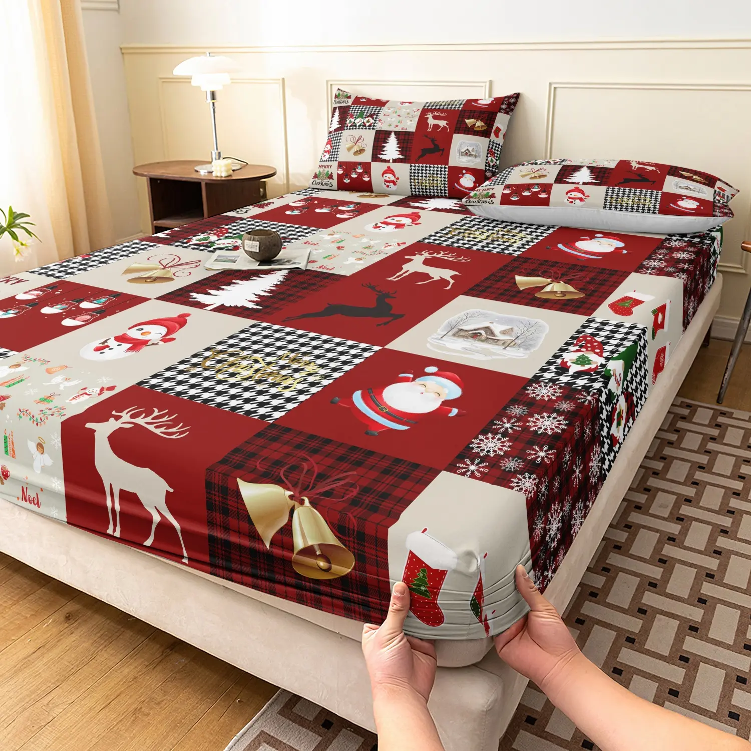 3 Pieces Farmhouse Christmas Patchwork Print Fitted Sheet Set, Red Grid Design Snowman Reindeer Golden Bells & Xmas Tree Bedding, Ideal Winter Holiday & Christmas Gift, Machine Washable (1 Fitted Sheet + 2 Pillowcases, No Pillow)
