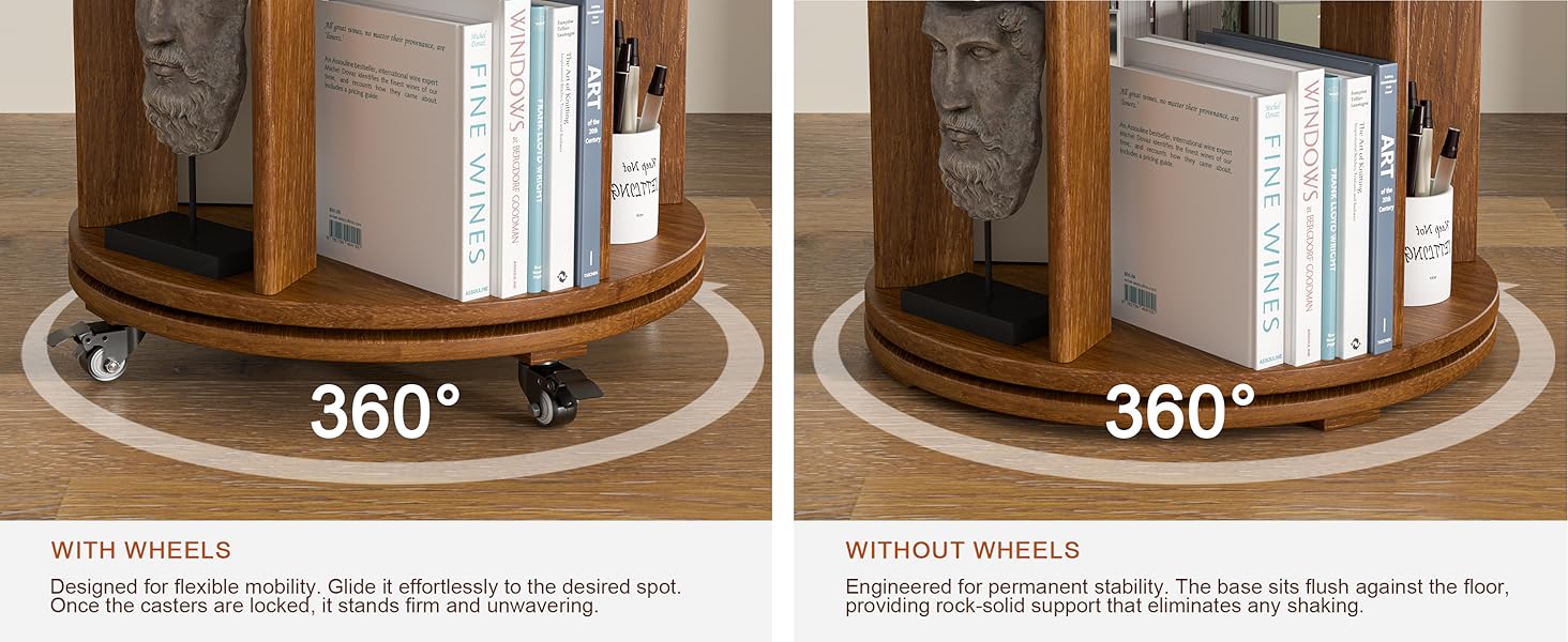 6 Tier Solid Wood Rotating Bookcase with Wheels Round Revolving Bookshelf Organizer 360° Spinning Storage Shelf for Corner Small Narrow Spaces Home Office Kids Room Drawers Organization Computer Desk