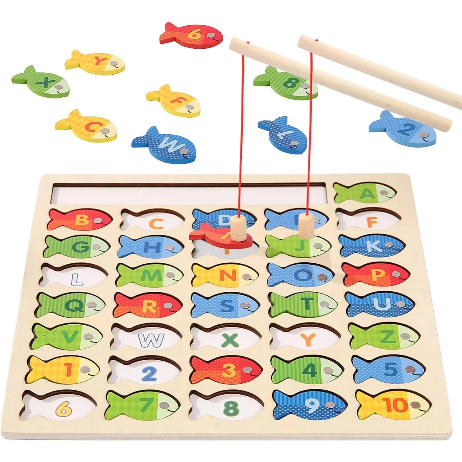 Wooden Magnetic Fishing Game for Toddlers, Montessori Fine Motor Skills Toy with Letters and Numbers, Preschool Learning ABC and Puzzle Educational Toys Gift for 3 4 5+ Year Old Kids(2 Poles)fidget toys