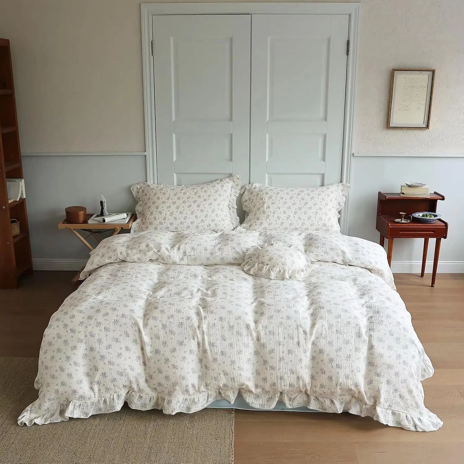 Cottage Chic Ruffled Full Duvet Cover, Blue Floral 79"x90" Quilt Cover, 1 PC Soft Muslin Cotton Comforter Cover Farmhouse Bedding, No Comforter Insert or Pillowcase