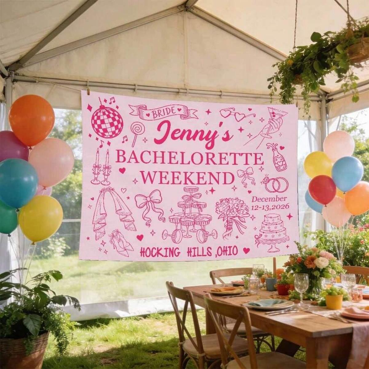 Custom Bachelorette Party Banner Tapestry, Personalized Party Wall Hangings Tapestries, Print Name/Location/Date On Background Cloth, Durable Peach Skin Fabric, Indoor/Outdoor Use, Unique Party Decor Gift For The Bride
