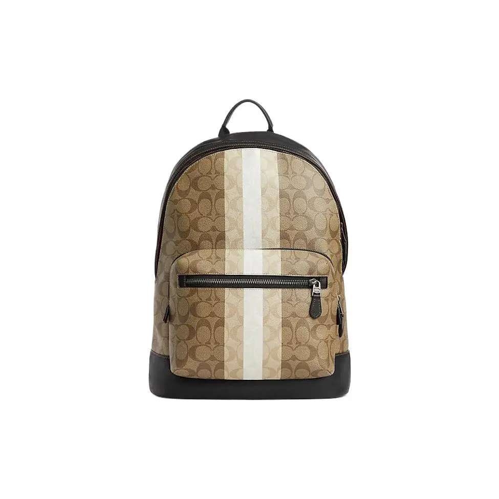 COACH West 32 Striped Classic Monogram Zip-Top PVC and Leather-Blend Backpack – Unisex Large Size in Khaki and Mixed Colors