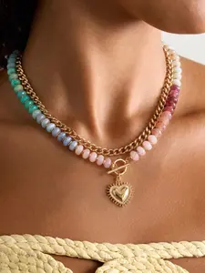 French Vintage Rainbow Beaded Heart Pendant Necklace, Gradient Natural Stone Chain, Cuban Link, Soft Commuter Style, Fresh Lockbone Chain