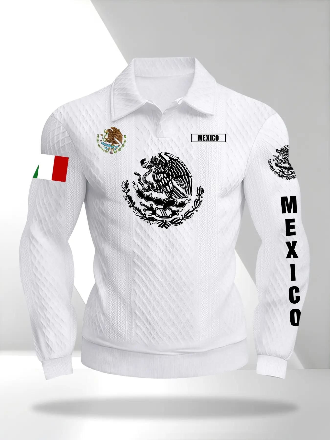 Men's Mexican Theme Eagle Snake Print Long Sleeve Polo Shirt, Flip Collar Regular Fit, Knit Fabric, Spring Fall Casual Wear