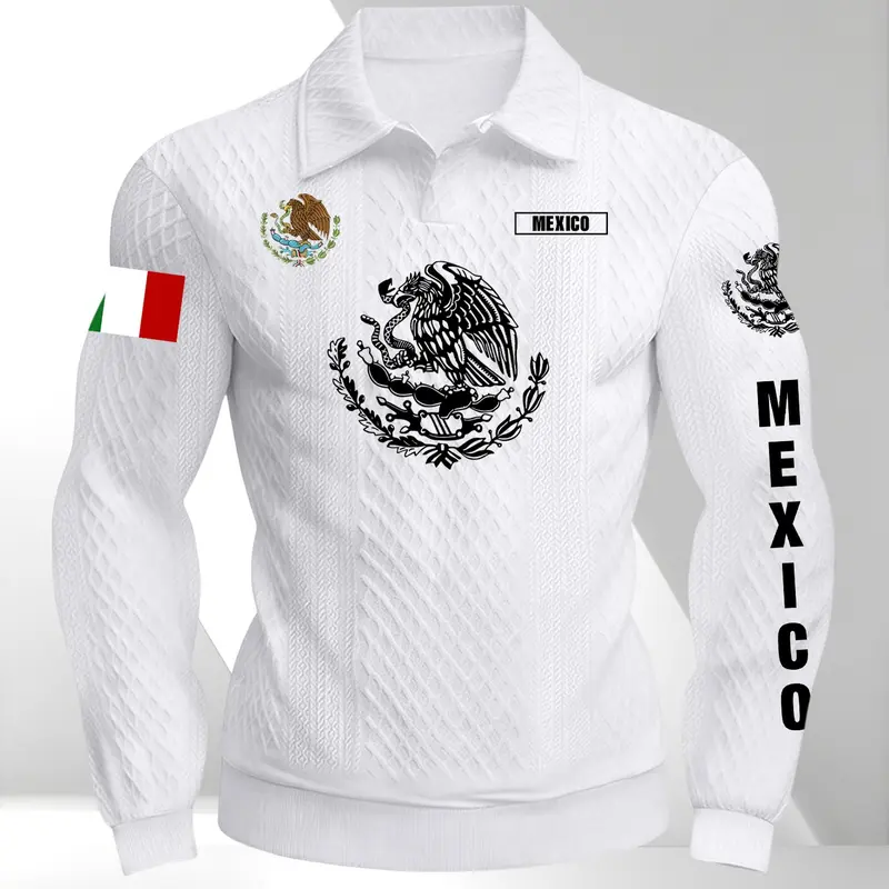 Men's Mexican Themed Eagle Snake Print Long Sleeve Printed Polo Shirt, Turn-Down Collar, Regular Fit, Knit Fabric, Spring and Fall Casual Wear