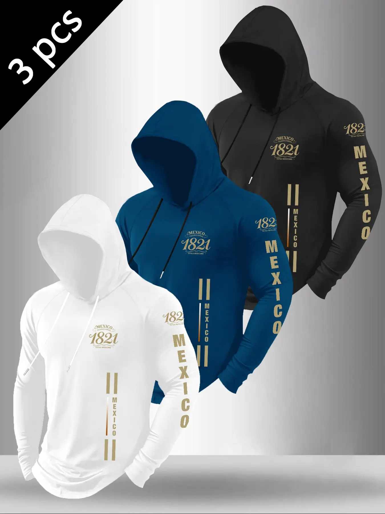 3-Pack Men's Mexican 1821 Letter Print Hooded Long Sleeve T-Shirts, Casual Fitted Top, Ideal for Daily Fitness Wear